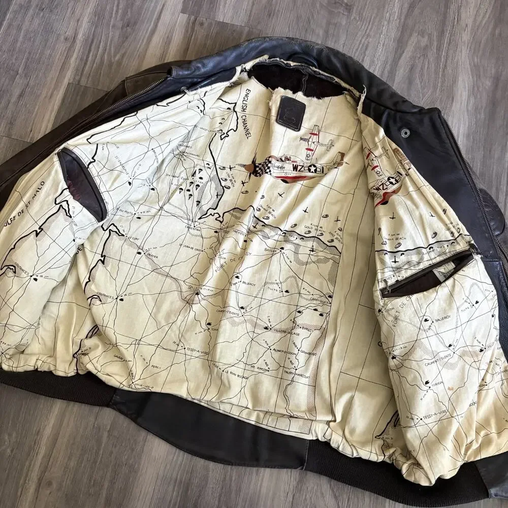 Vintage 1980s Hein Gericke Leather Bomber Flight Jacket Men's Size L Brown Map